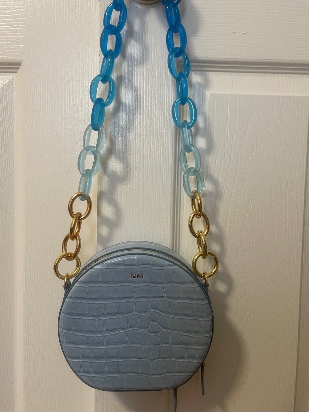 JW PEI Light Blue Croc Round Crossbody Bag with Blue Gradient Chain